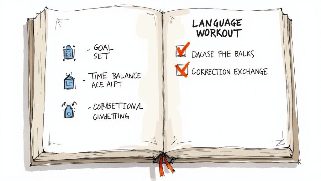 Two people sitting at a cafe table, focused on a conversation with notebooks and pens, suggesting a productive language exchange session.