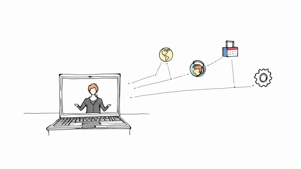 A professional working on a business English course on their laptop in a modern Singaporean cafe.