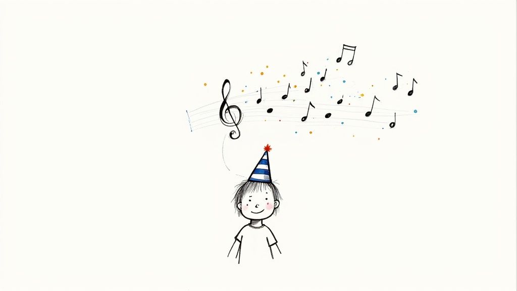 A slice of colourful birthday cake with a single lit candle on a plate.