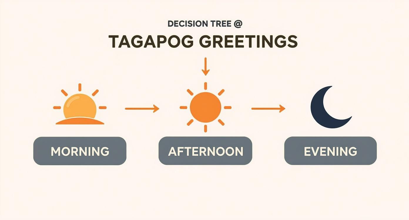 Decision tree diagram showing Tagalog greetings for morning, afternoon, and evening with sun and moon icons