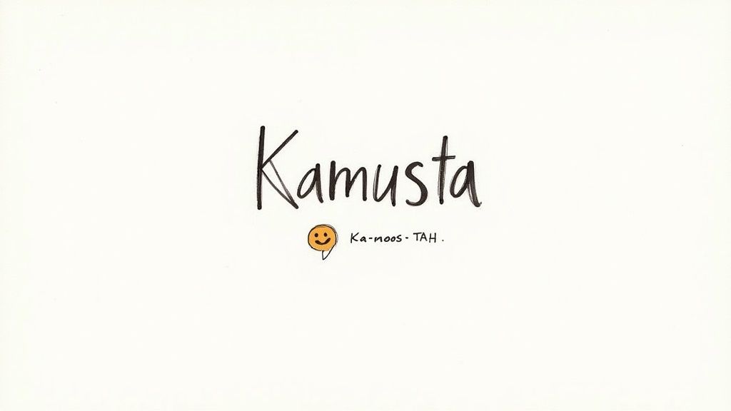 Kamusta word in stylized text with pronunciation guide showing ka-moos-tah and smiley icon
