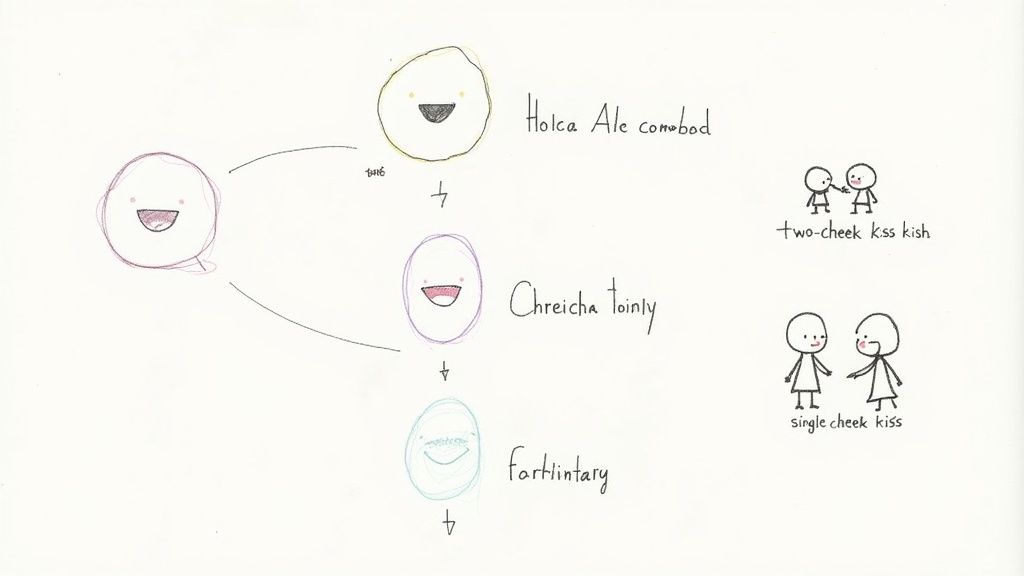 Whimsical diagram showing stick figures exchanging cheek kisses and smiling oval characters with handwritten text.