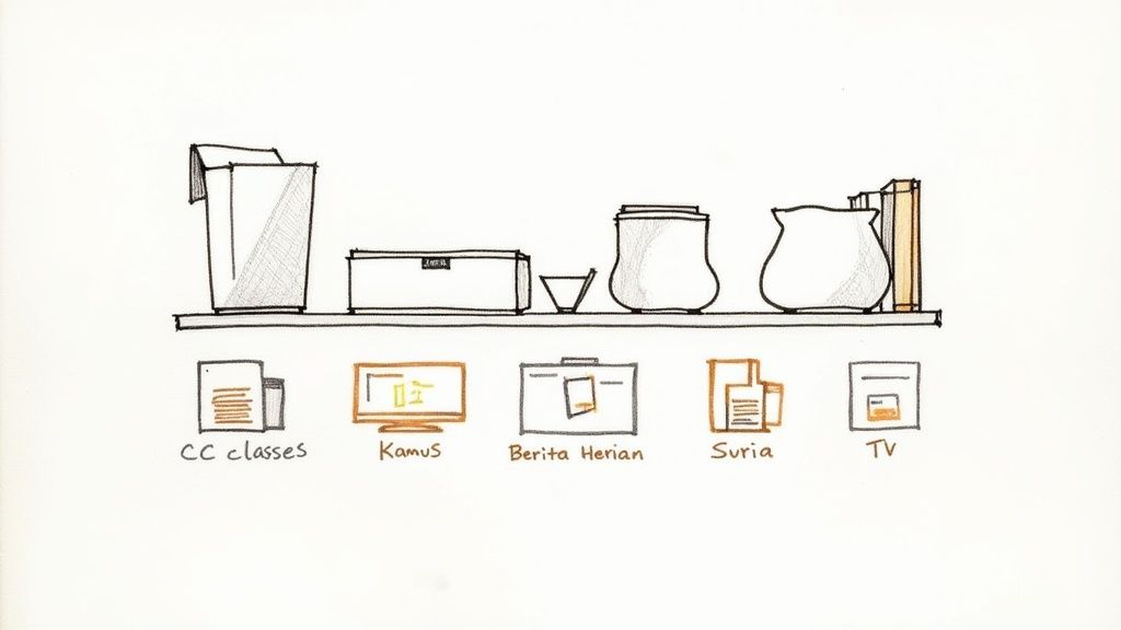 A collection of Malay language learning books, a dictionary, and a tablet showing a language app, set against a Singapore backdrop.