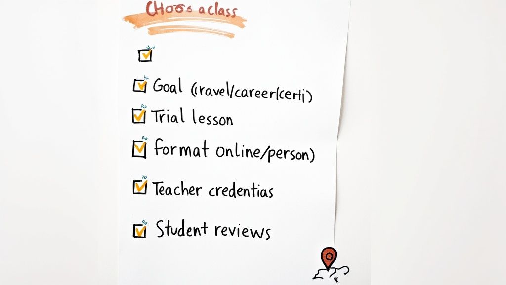 A person thoughtfully looking at a checklist, deciding on their German language class options in Singapore.