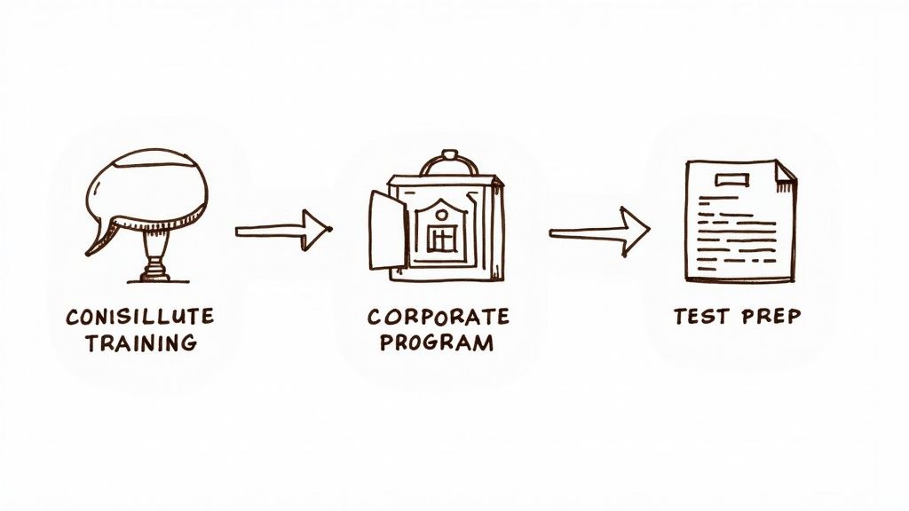 Students collaborating and learning in a bright, modern language school classroom