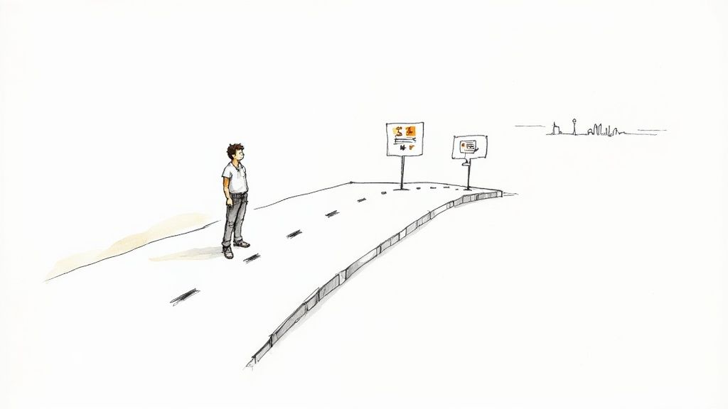 A person looking thoughtfully at a wall of sticky notes with English phrases, planning their learning journey.