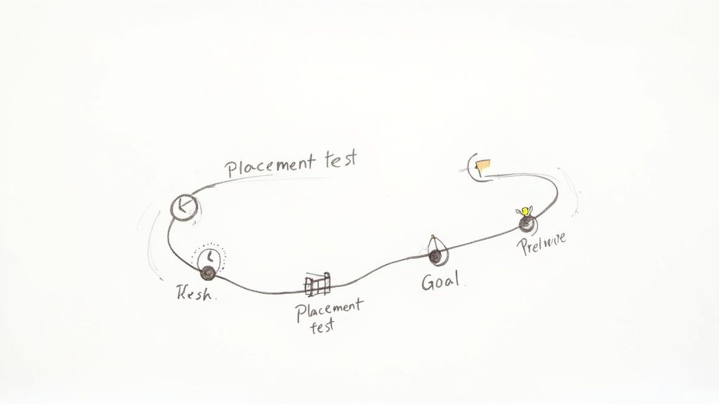 An adult learner focused on their English studies in a modern classroom.