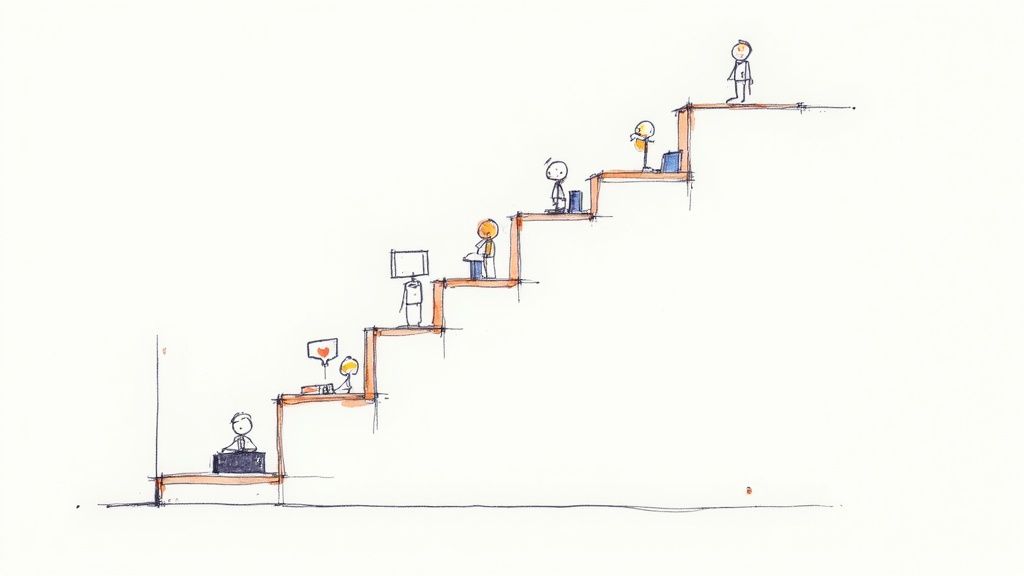 Stick figures climbing ascending stairs representing progressive learning levels and educational advancement journey