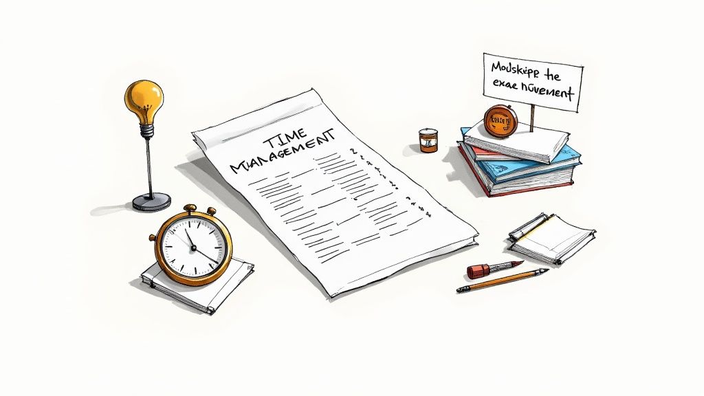 An illustration of time management tools including a checklist, clock, books, and an idea lightbulb.