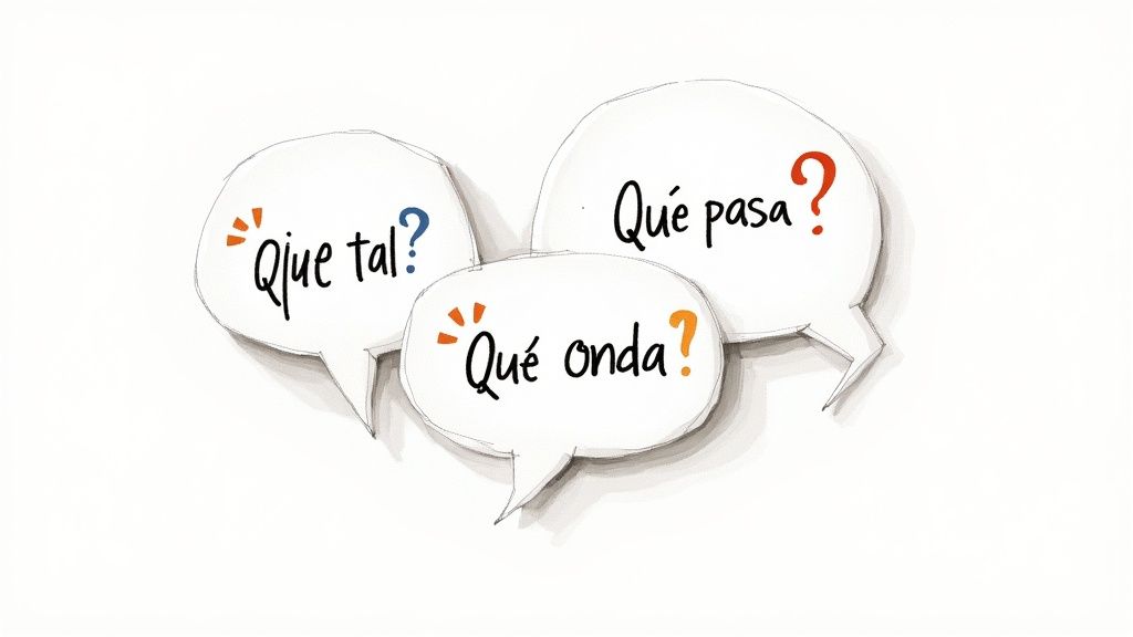 Three white speech bubbles contain common Spanish greetings: 'Qué tal?', 'Qué pasa?', and 'Qué onda?'. The question marks are colorful.