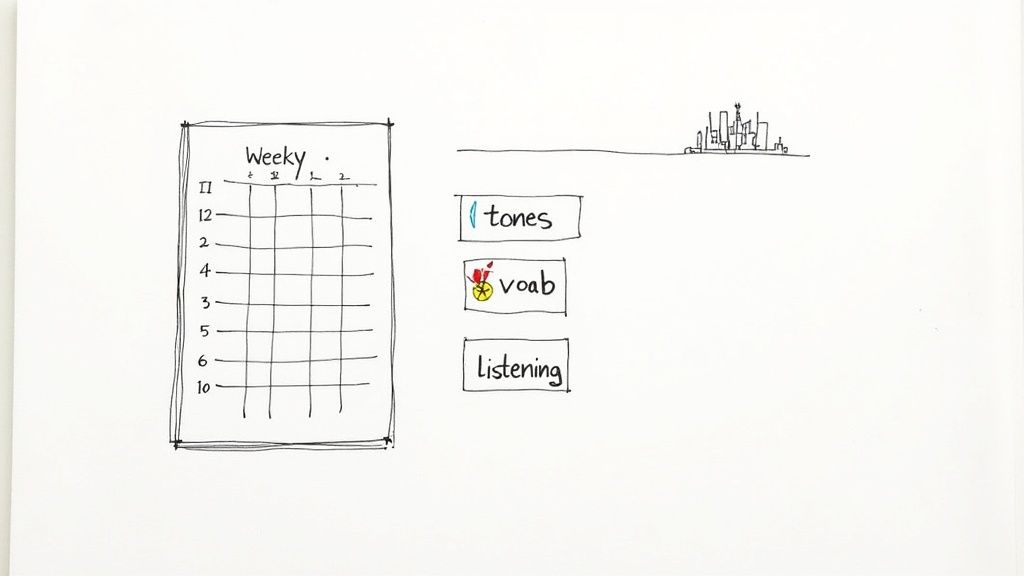 A person writing Chinese characters on a notebook with a laptop nearby, signifying a study session.