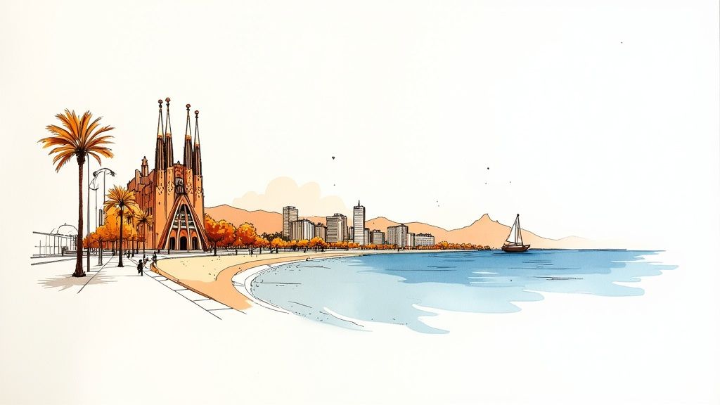 Stylized illustration of Barcelona's iconic Sagrada Familia, beach, city skyline, and a sailboat.