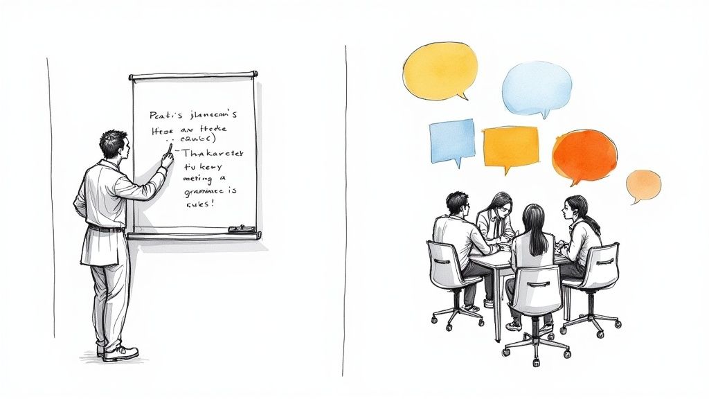 A teacher guiding a student through a language exercise on a tablet in a modern classroom