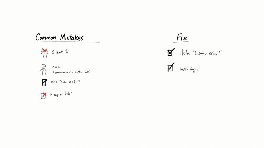 Handwritten notes illustrating common mistakes and correct fixes for Spanish phrases like 'Hola' and 'Hasta luego'.