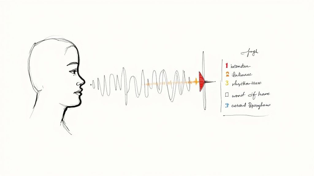 A person practicing English speaking with a focused expression.