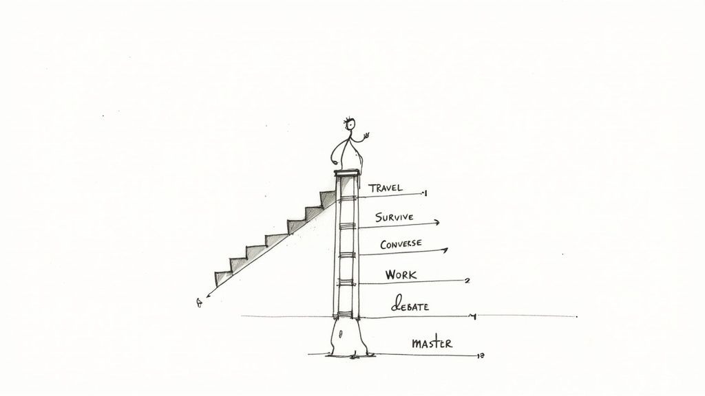 A stick figure stands atop a column, illustrating the stages of language learning from travel to master.