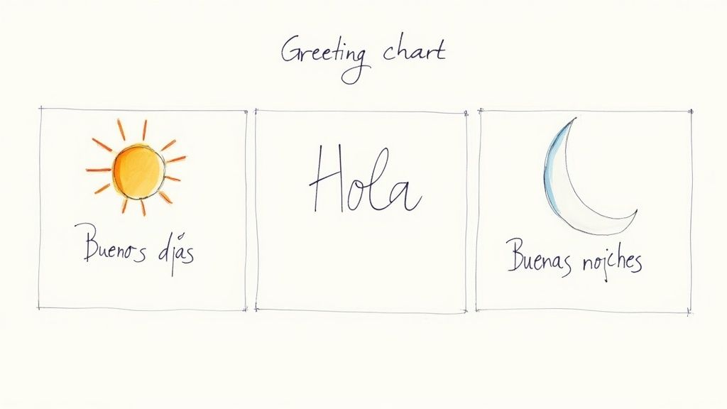 A handwritten greeting chart in Spanish, showing "Buenos días" with a sun, "Hola", and "Buenas noches" with a moon.