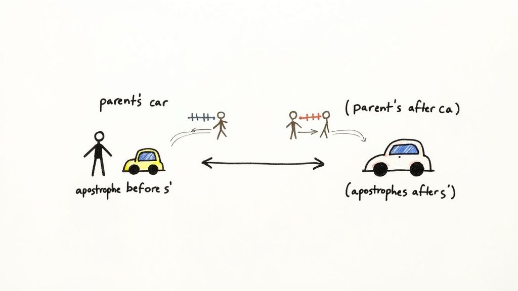 Diagram illustrating correct apostrophe placement for parents' car before and after the possessive s