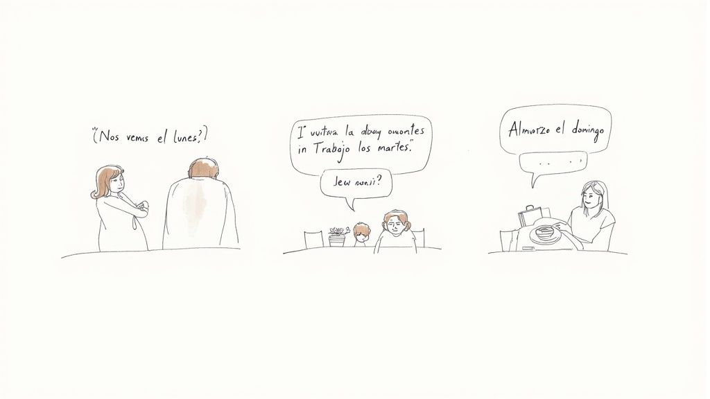 Three panels illustrate different people discussing weekly plans using Spanish phrases for days of the week.