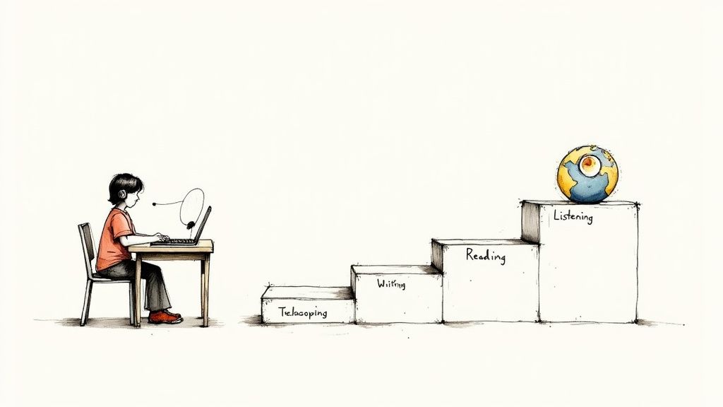 A person attending an online English language class on their laptop in a comfortable home setting.