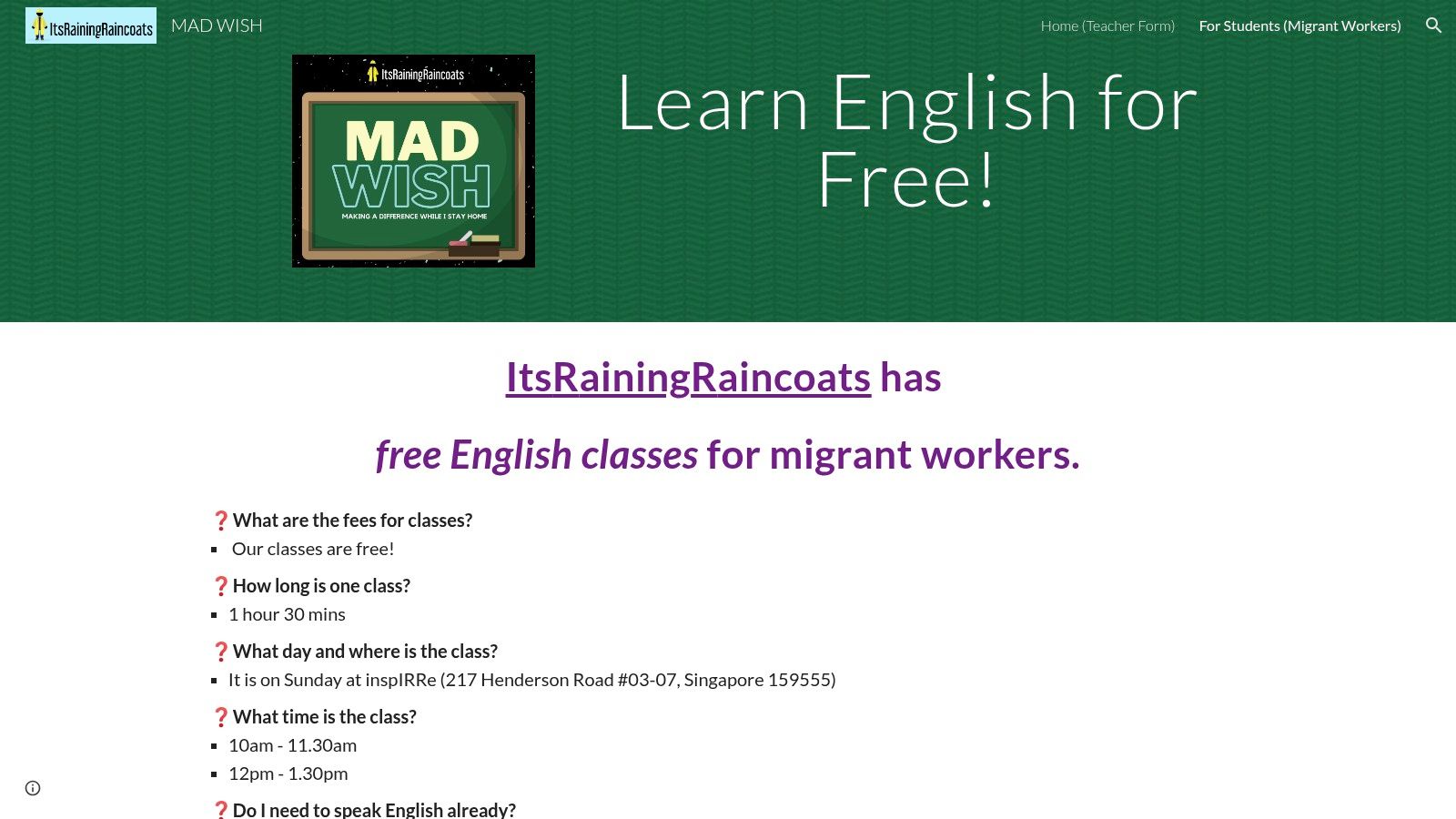 ItsRainingRaincoats (IRR) – MAD WISH free English classes for migrant workers