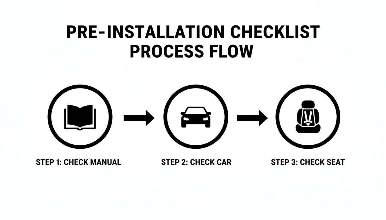 Flowchart illustrating pre-installation checklist for car seats, with steps for checking manual, car, and seat.