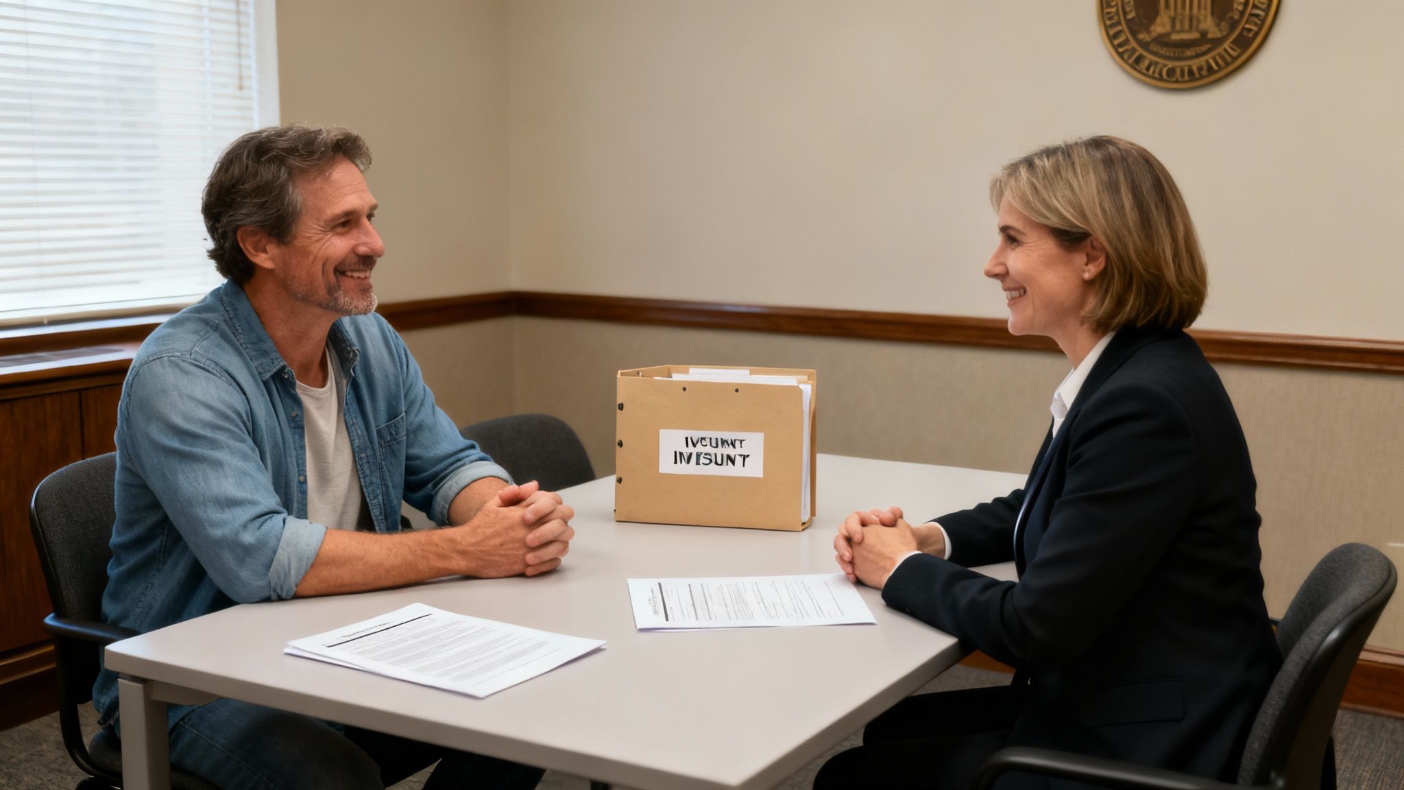 A man and woman sit at a table in an office, smiling at each other during a meeting.