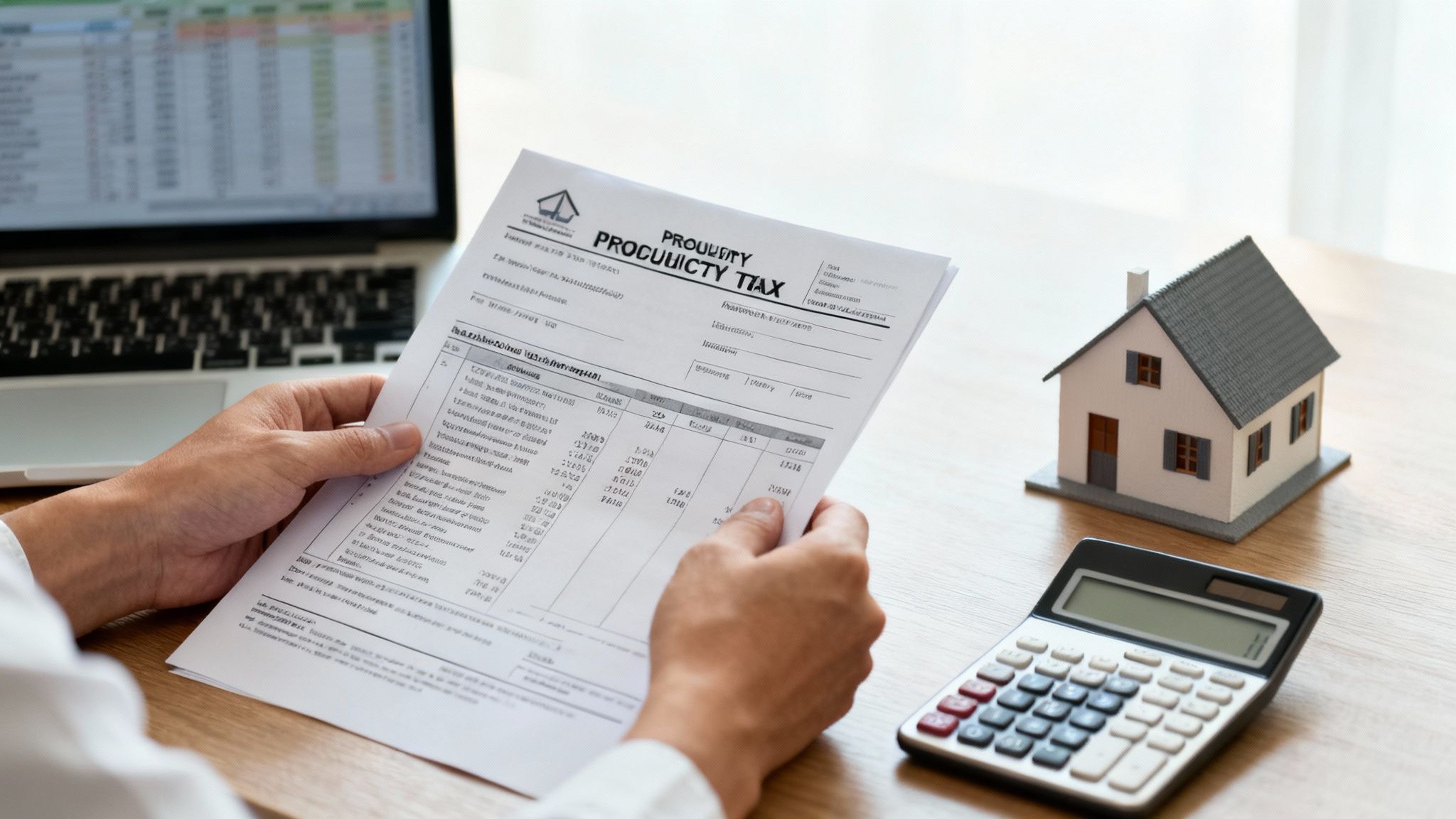 A person holds a property tax document, with a laptop, house model, and calculator on the desk.
