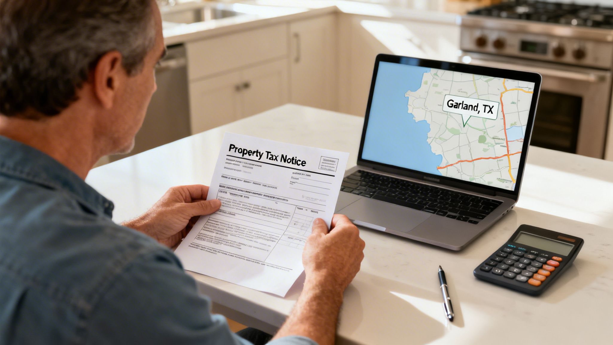 A man reviews a property tax notice, looking at a laptop showing a map of Garland, TX.