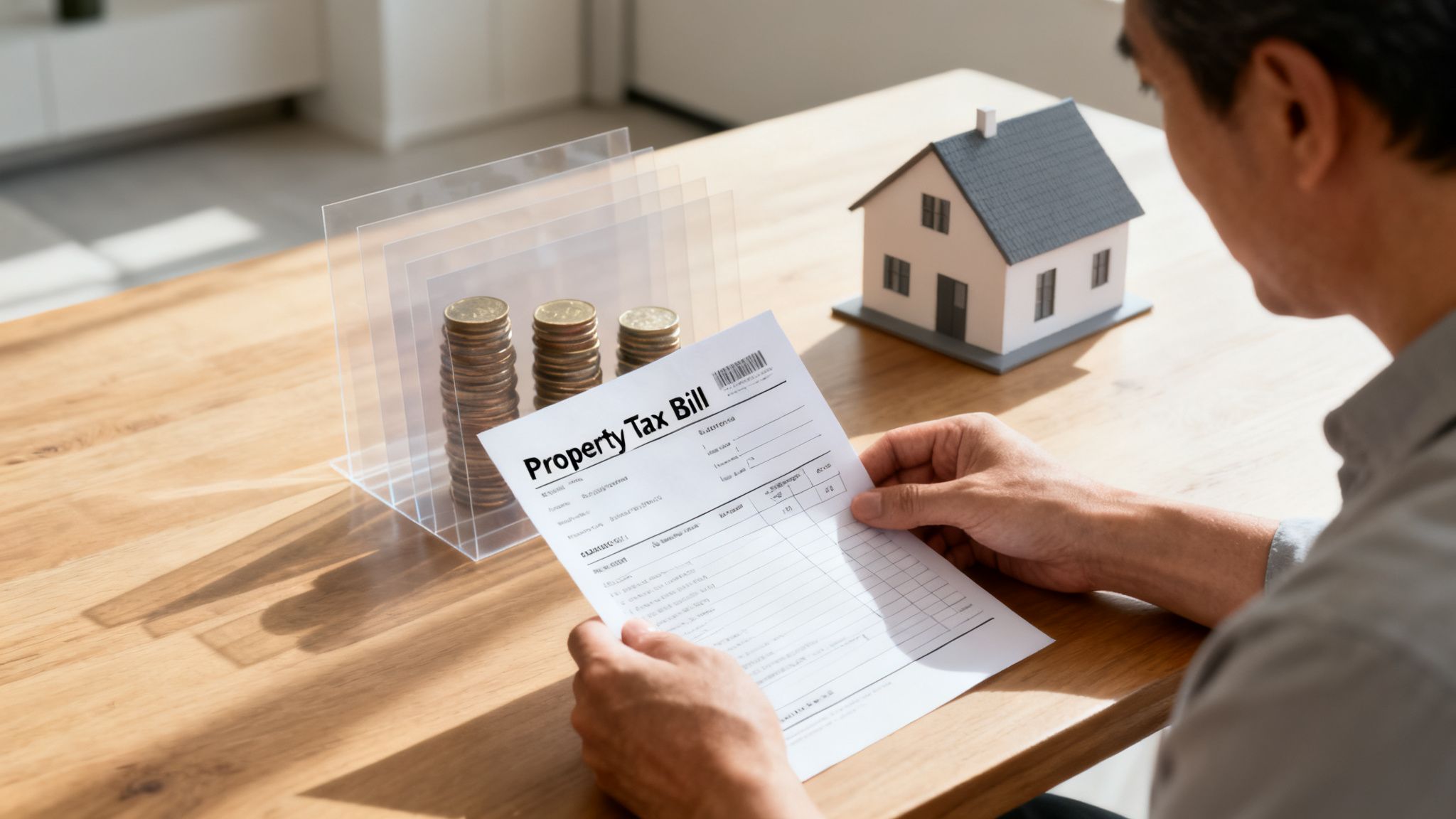 Person reviewing a property tax bill next to a house model and coin stacks on a wooden table.