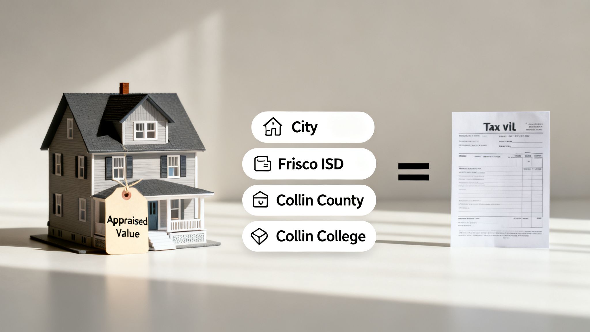 House with 'Appraised Value' tag shows how City, Frisco ISD, Collin County, and Collin College contribute to property taxes.