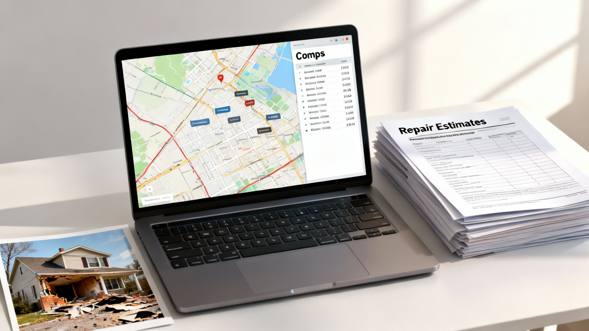 A laptop displaying a map with property comps, a stack of repair estimates, and a photo of a damaged house.