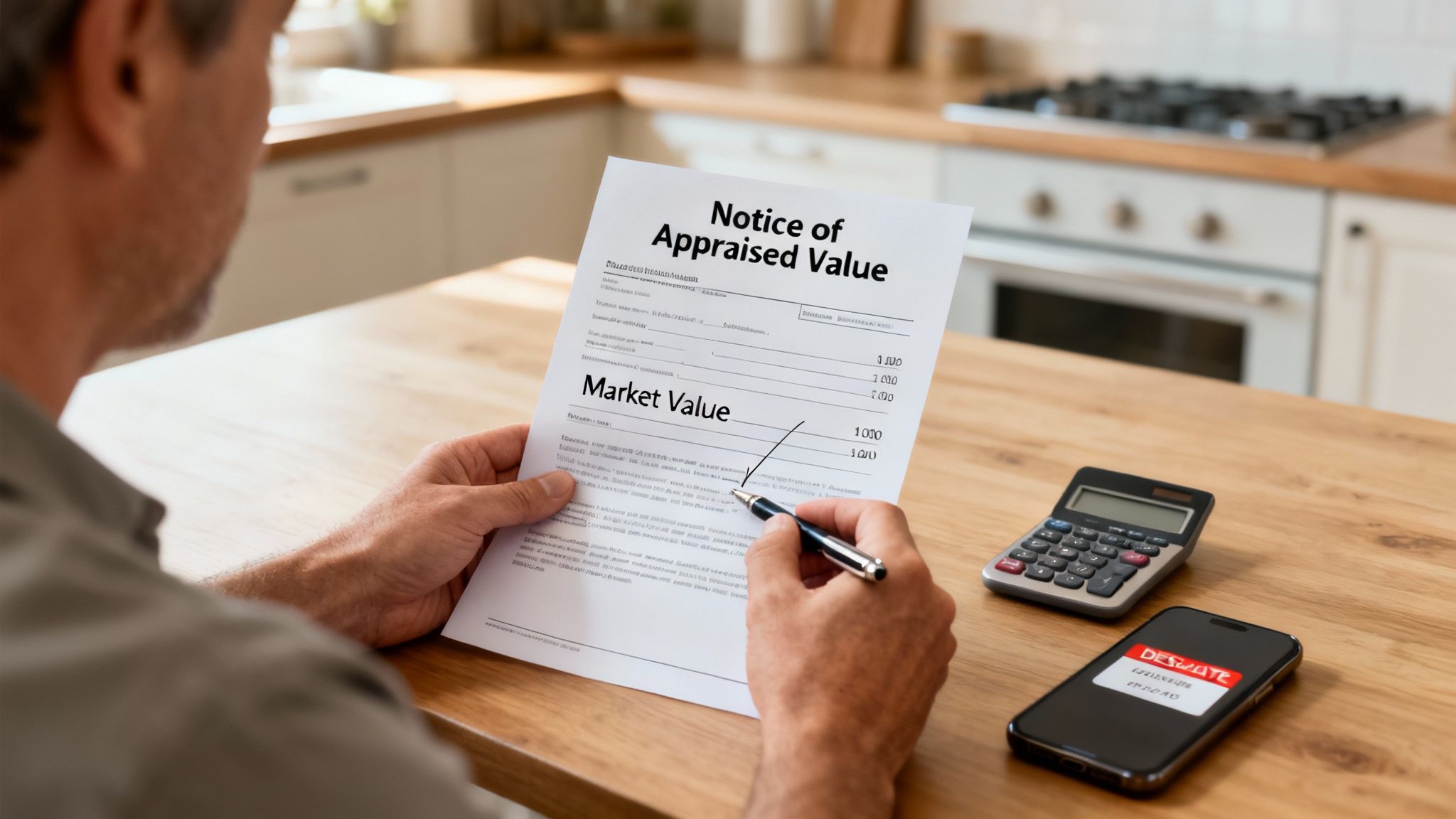 A person reviews a 'Notice of Appraised Value' document with a calculator and phone nearby.