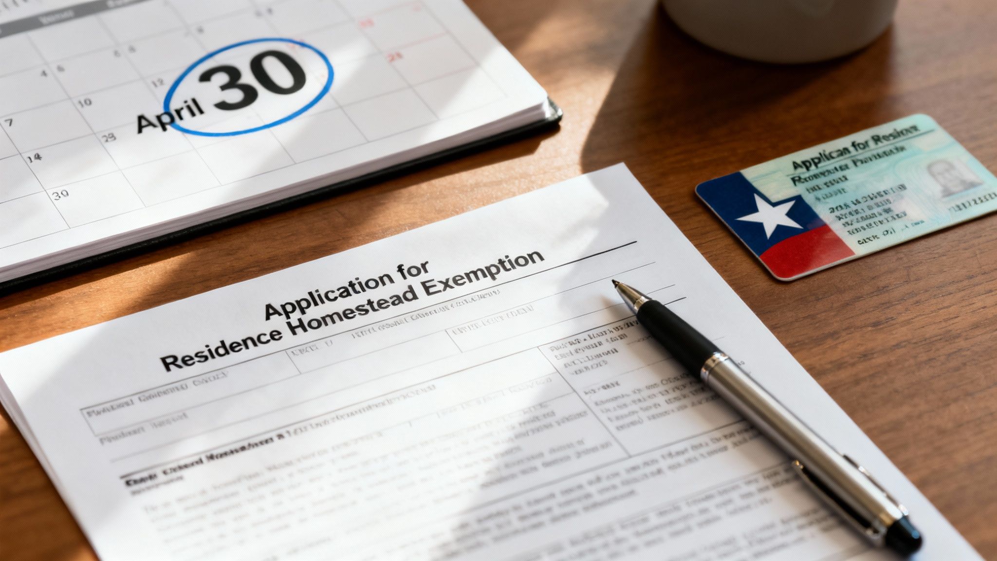 A calendar with April 30 circled, a homestead exemption application form, a pen, and a Texas ID card on a wooden desk.