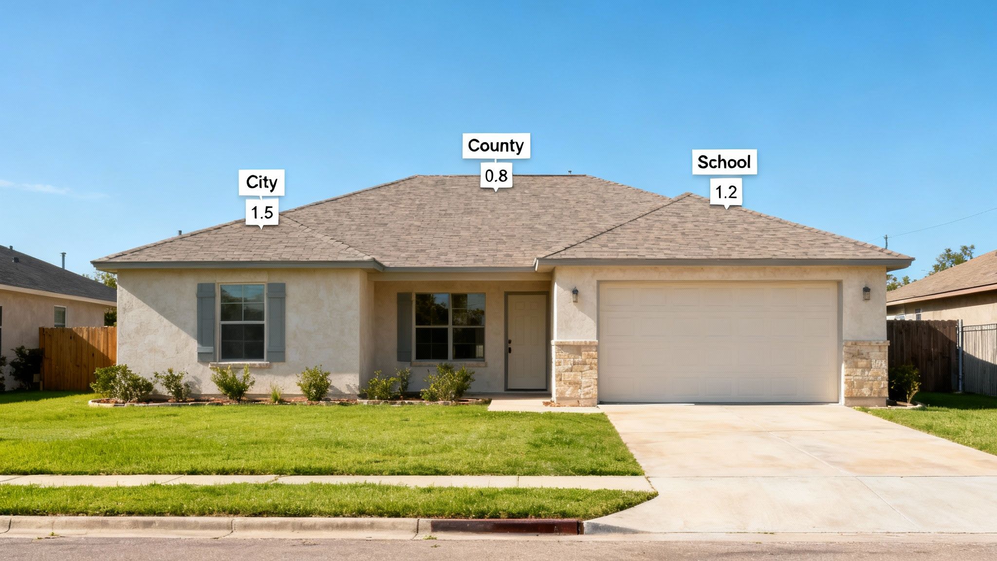 A single-story house with a green lawn and driveway, illustrating City, County, and School millage rates.