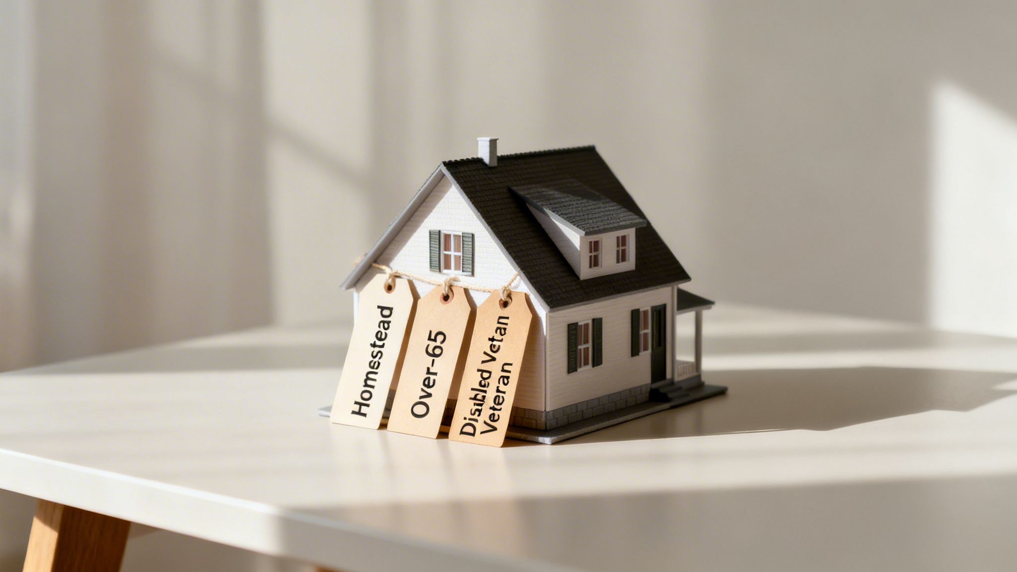 Miniature house model with tags for 'Homestead', 'Over-65', and 'Disabled Veteran' property tax exemptions.