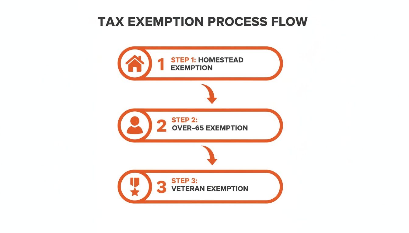 Process flow outlining three steps for tax exemption: Homestead, Over-65, and Veteran exemptions.
