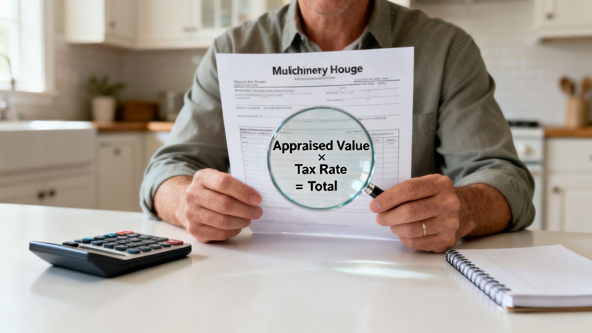 A man carefully reviews a property tax document with a magnifying glass, a calculator, and a notebook.