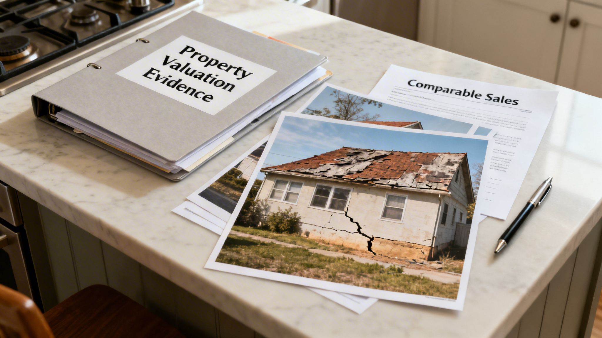 Property valuation evidence with photos of a damaged house and comparable sales data on a counter.