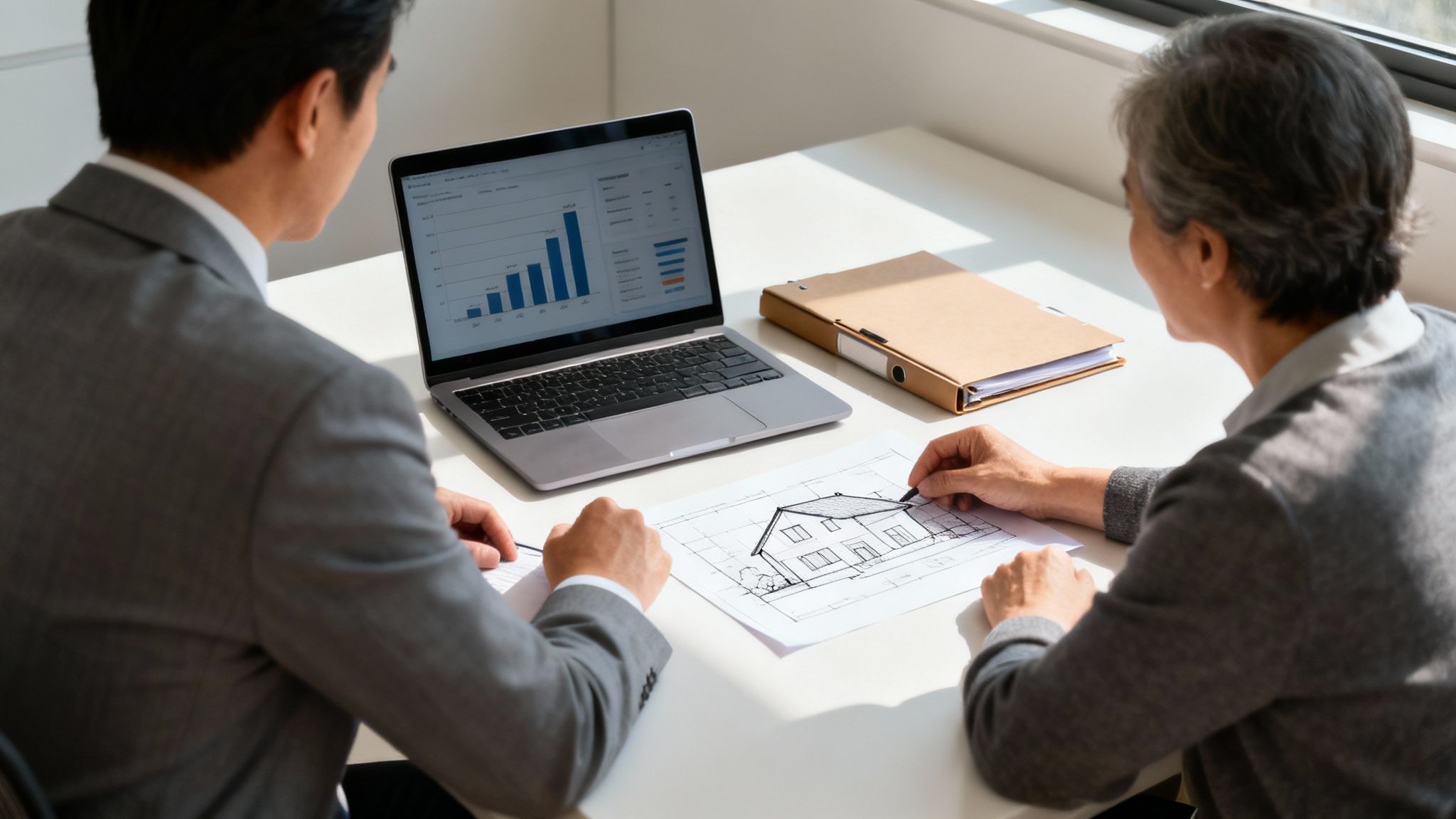Two people, an agent and a client, review house plans and financial data on a laptop.