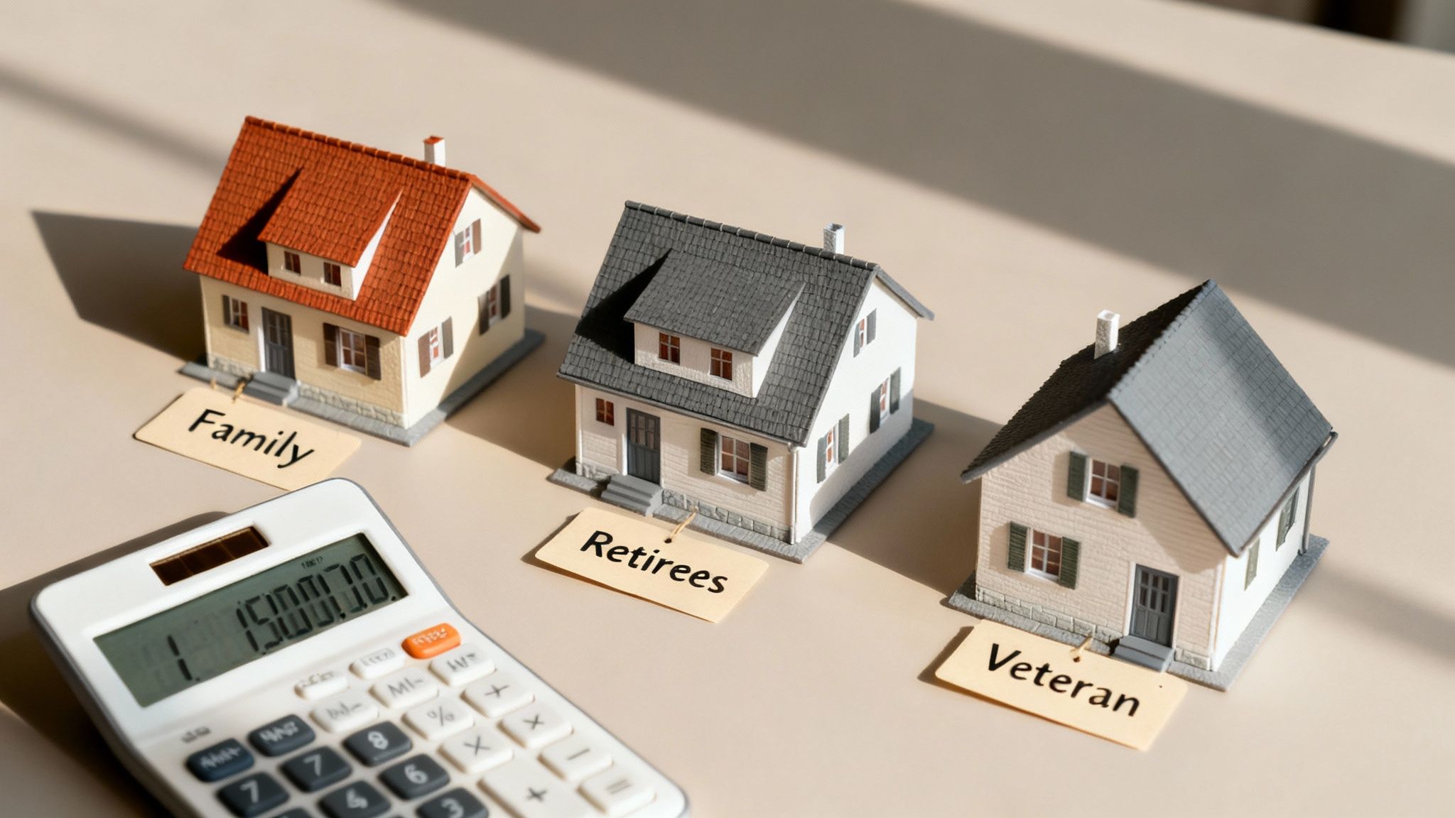 Three miniature houses tagged 'Family', 'Retirees', and 'Veteran' next to a calculator showing a large number.