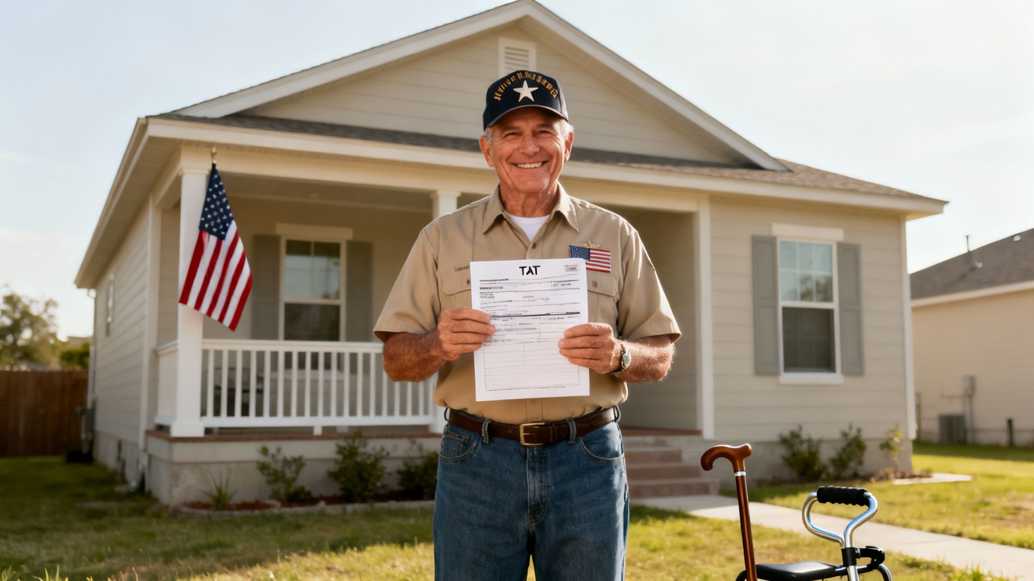 A smiling disabled veteran holds a document in front of a house with a US flag on the porch.