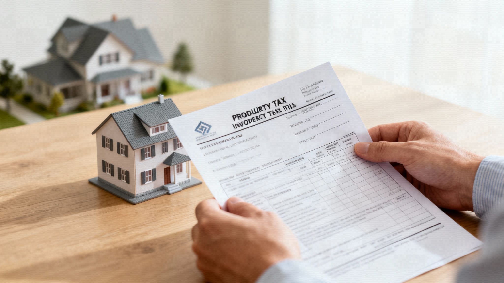A person reviews property tax documents next to miniature model houses on a wooden table.