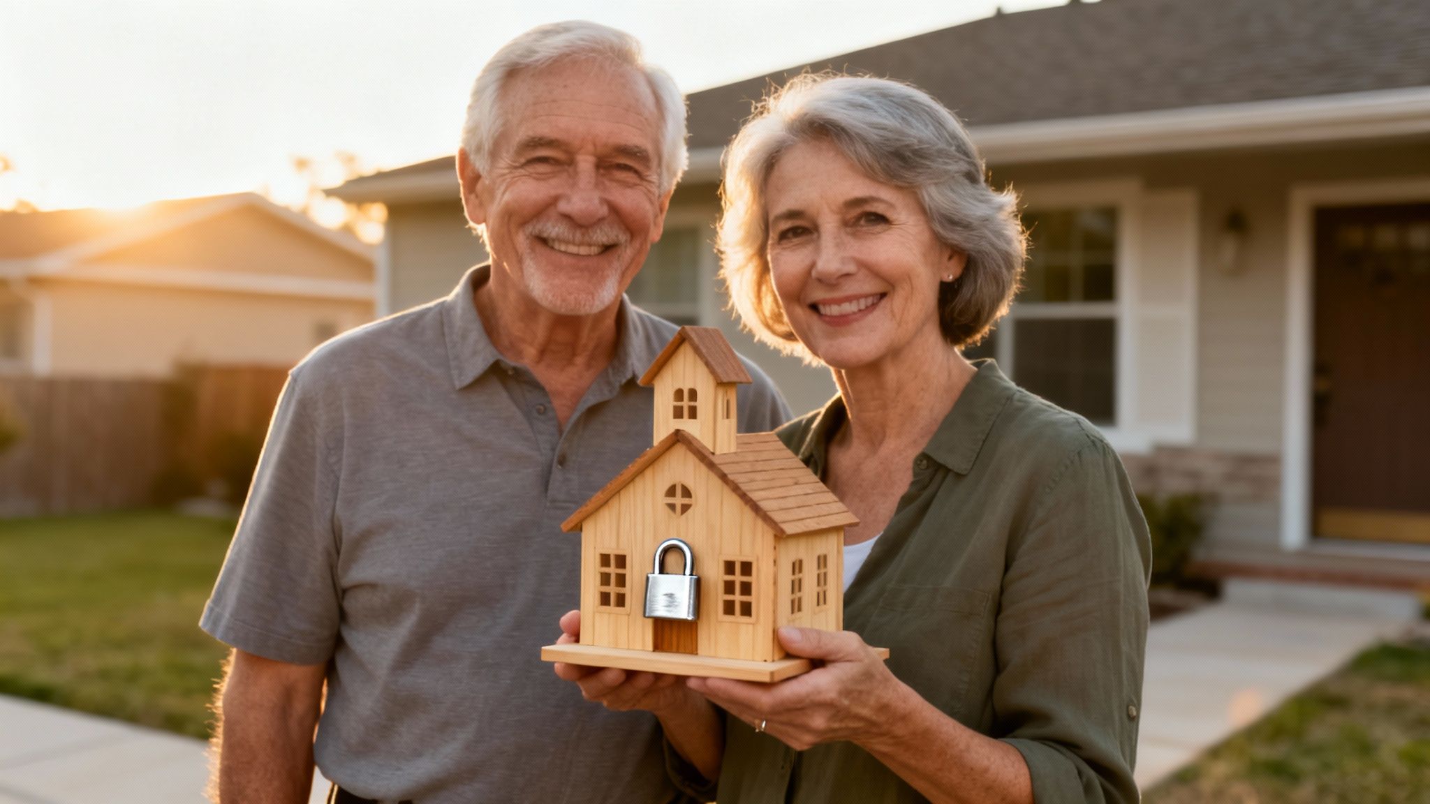 Happy senior couple holding a miniature house with a padlock in front of their home at sunset.