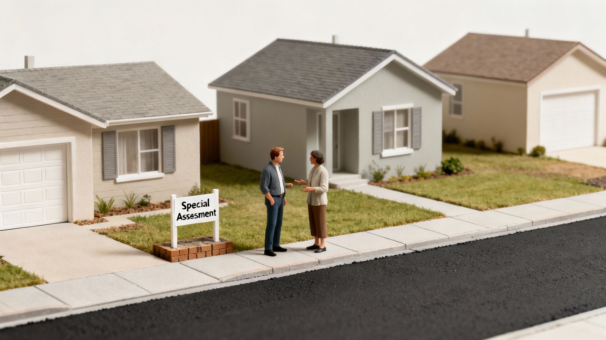 Miniature homes on a street, with two people discussing near a 'Special Assessment' sign.