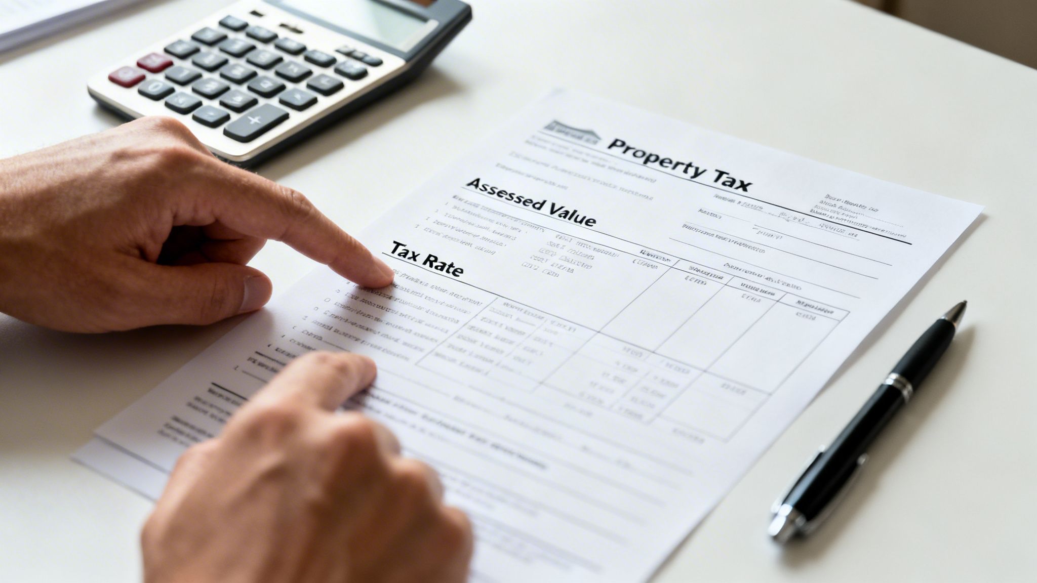 Close-up of hands reviewing a property tax document with a calculator and pen on a table.