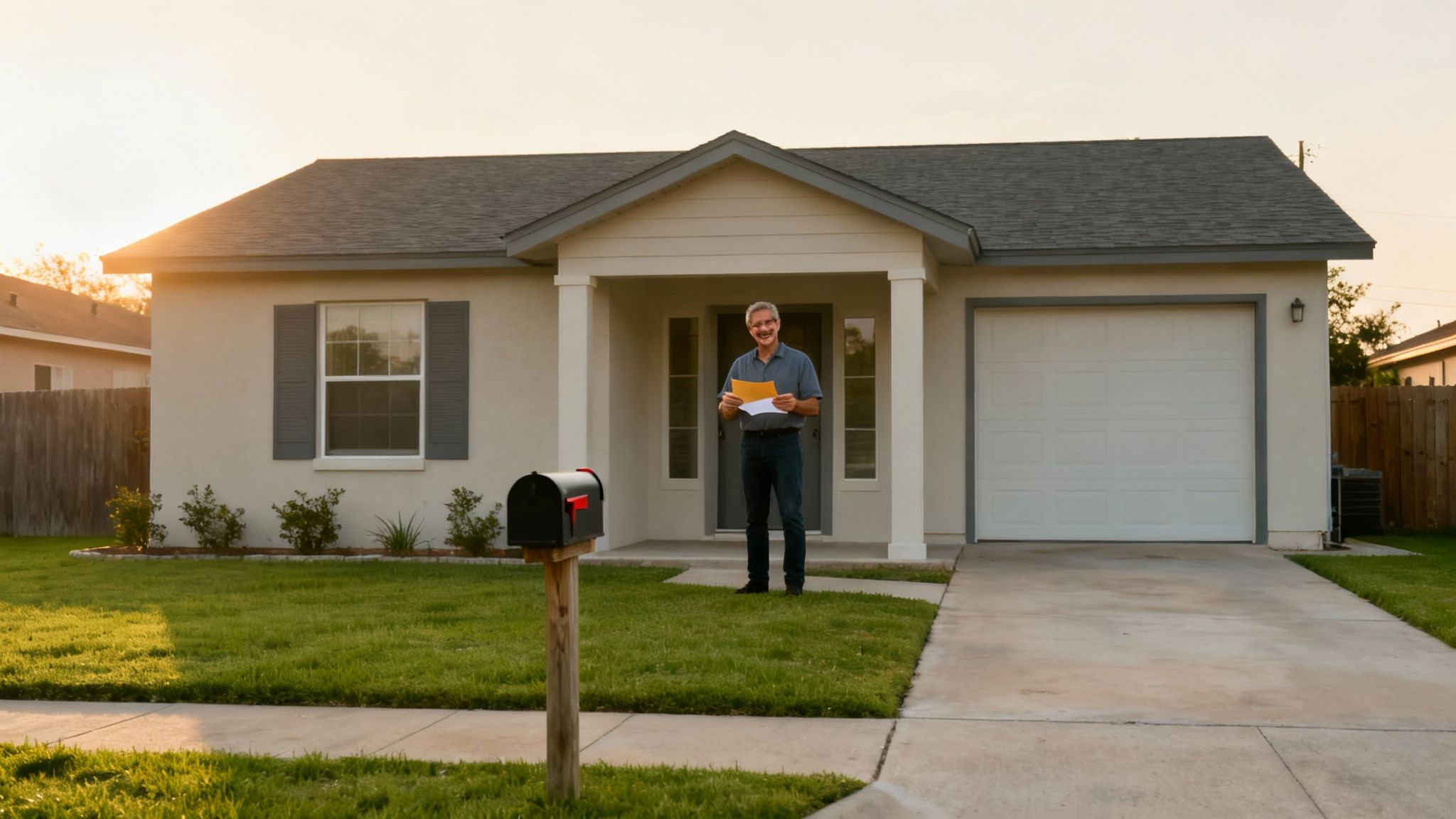 A smiling man stands on the porch of his new home, holding mail, with a green lawn.