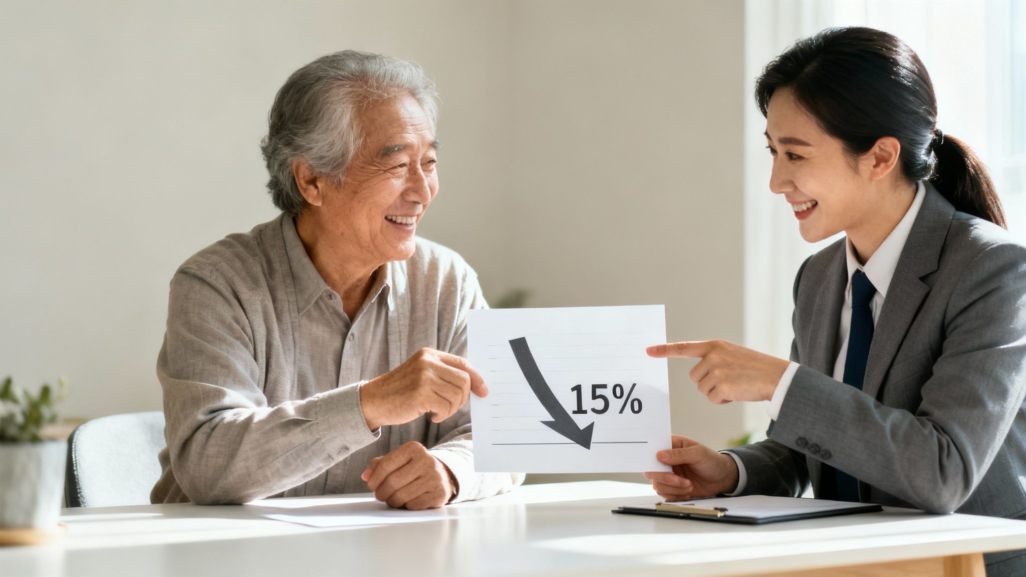 An older man and a young businesswoman smile while discussing a document showing a 15% reduction.