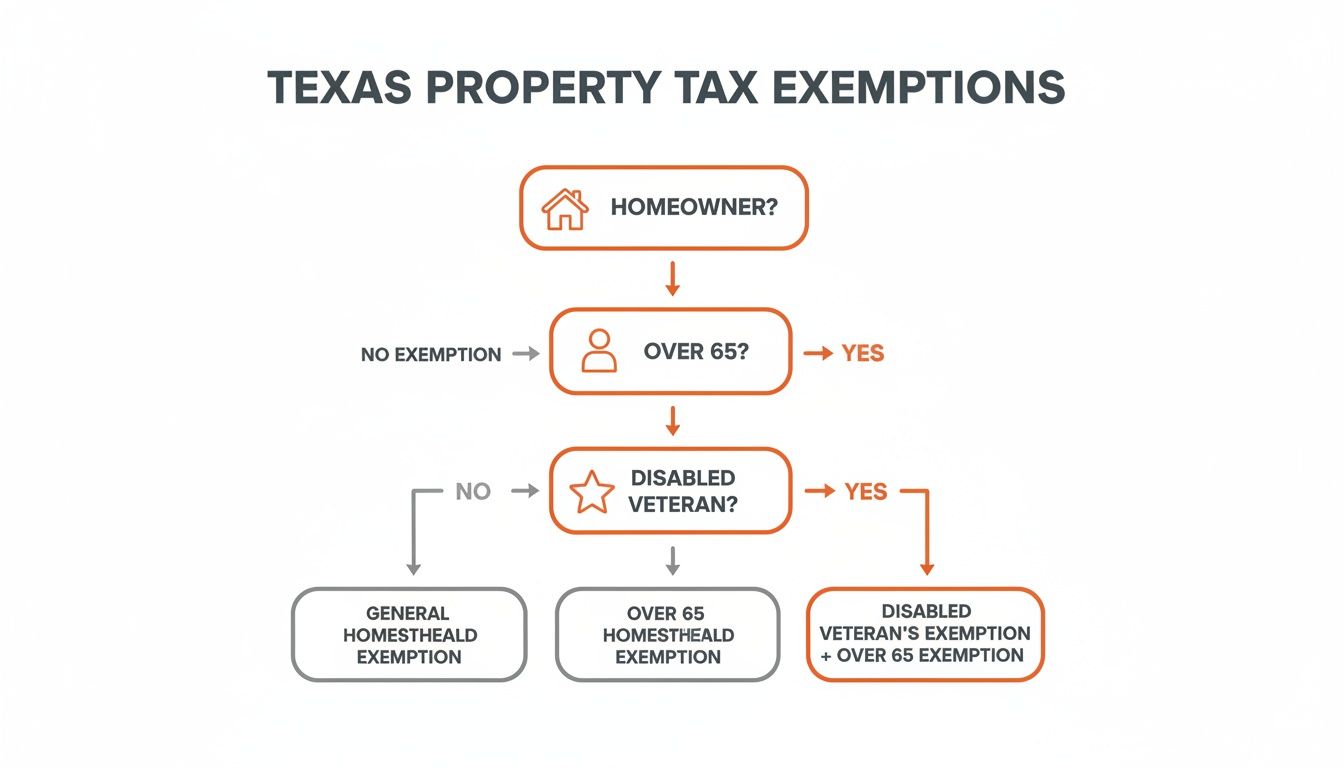 Flowchart showing Texas property tax exemptions for homeowners based on age and disabled veteran status.