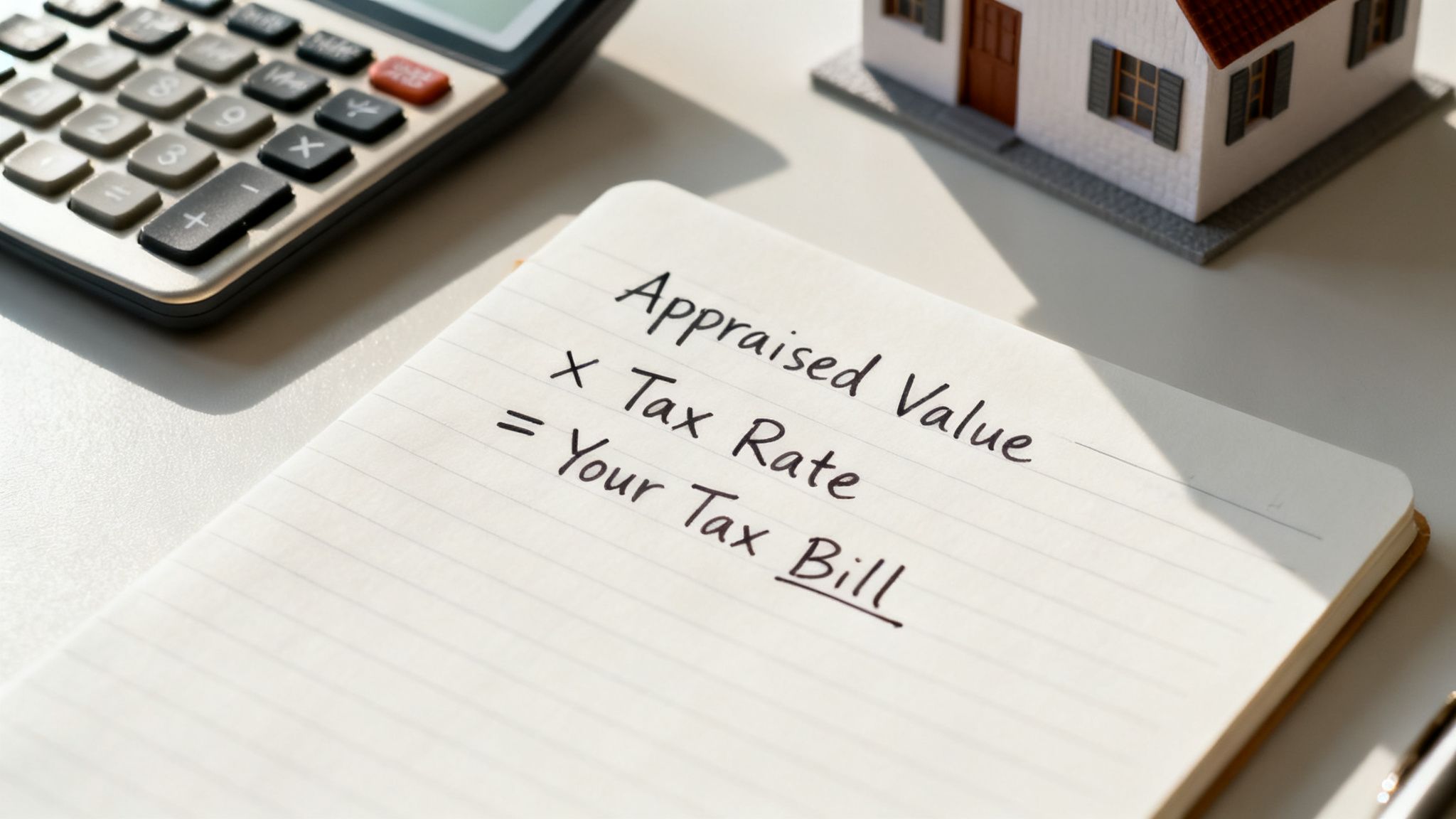 A notebook shows the property tax calculation formula next to a calculator and a small house model.